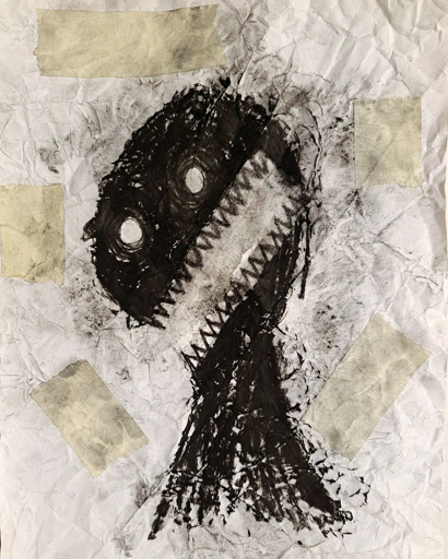 Messy mixed media charcoal portrait of a guy with a big teethy mouth staring at the viewer with beady little eyes. The paper is crumpled and stuck with pieces of masking tape.