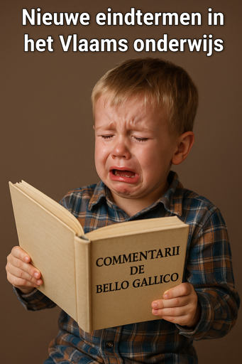 Picture of a crying toddler holding a book titled Comentarii De Bello Gallico. Text above reads: "Nieuwe eindtermen in het Vlaams onderwijs"